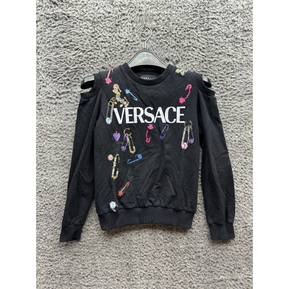 Versace Logo Cutout Jersey Graphic Pullover Sweatshirt Black Kids‎ Size 8A